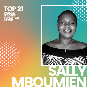 Image of Sally Mboumien against a colorful backdrop.