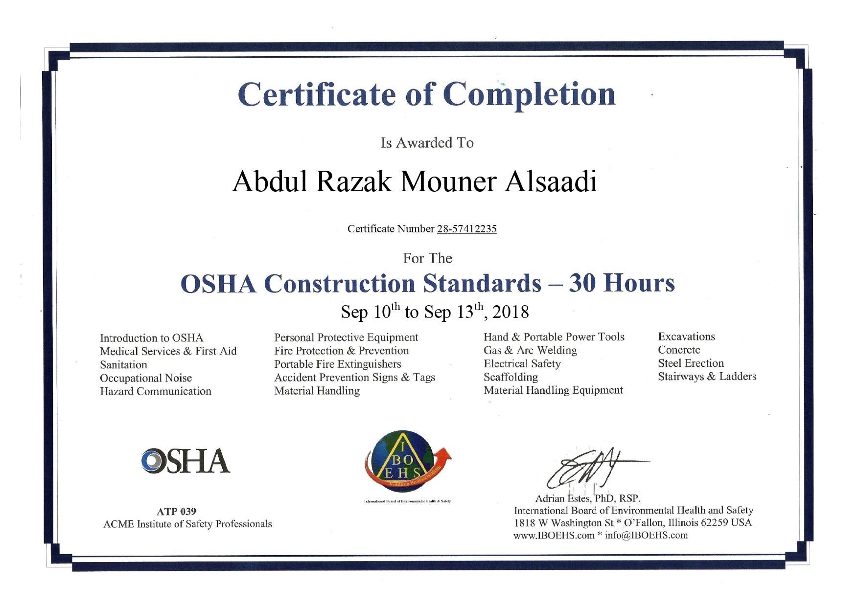 Osha Certificate DA2