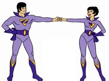 Two Super Friends, The Wonder Twins, the extraterrestrial twin brother and sister superhero duo wearing their signature purple and lavender uniforms with the letters Z and J, on Zan and Jayna respectively, put their fists together to take new forms or shapes.