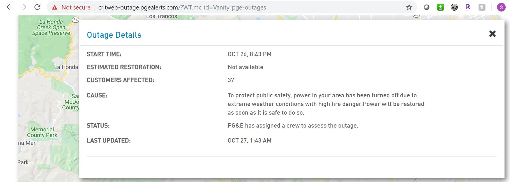 Screenshot from PG&E website stating that power had gone off with no estimate of being re-established
