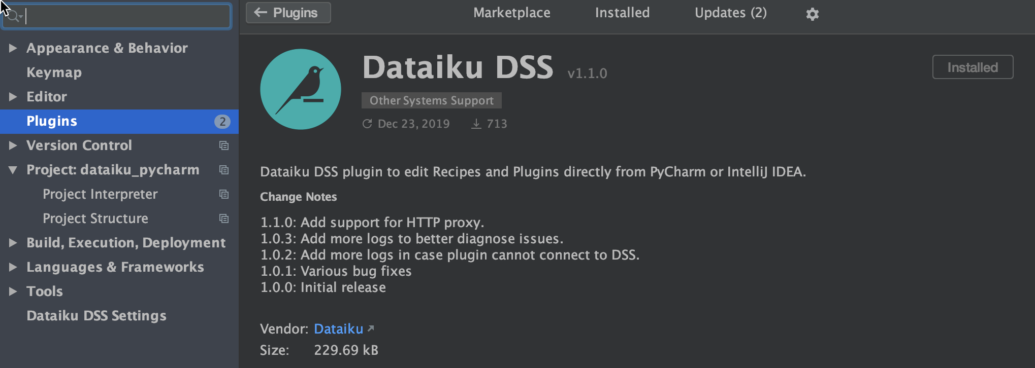 Dataiku Pycharm plugin