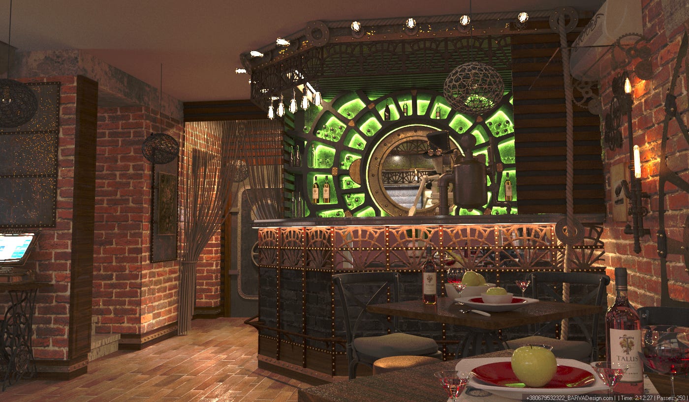 The Interior Design Of The Restaurant In The Style Of Steampunk