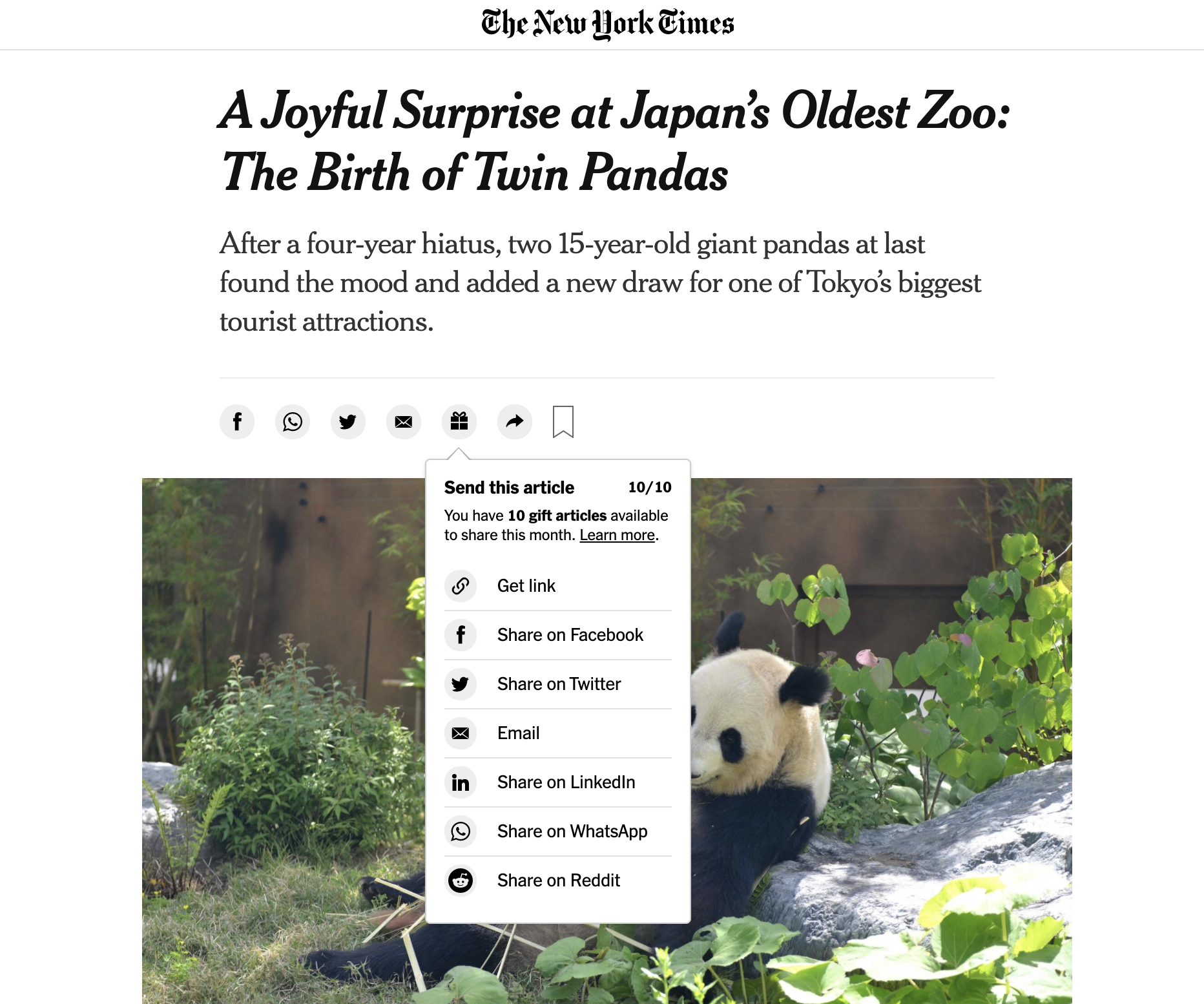 An image of a Times article page with the gift articles button opened.