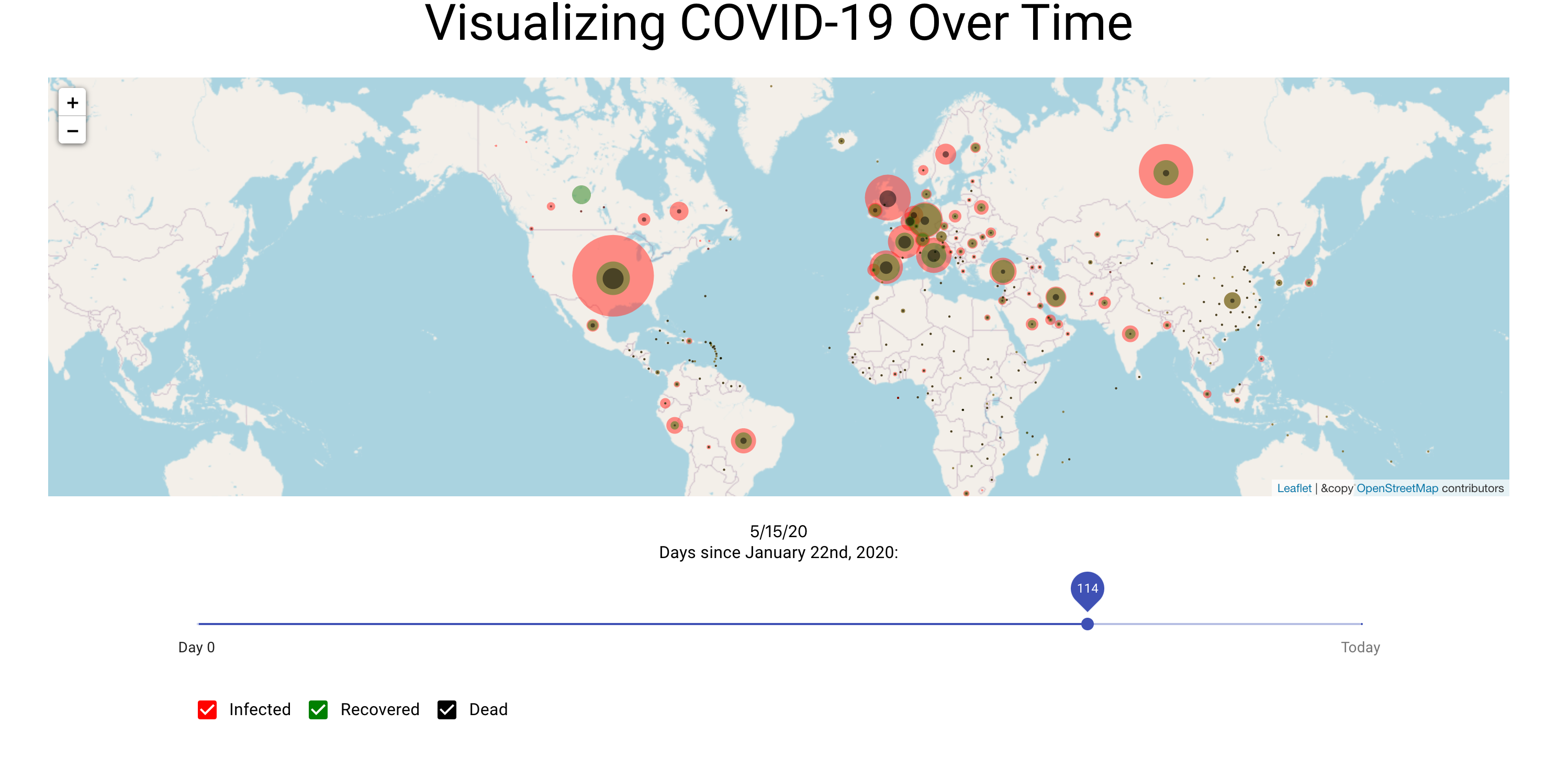 A screenshot of the time-based map that tracks Covid-19.