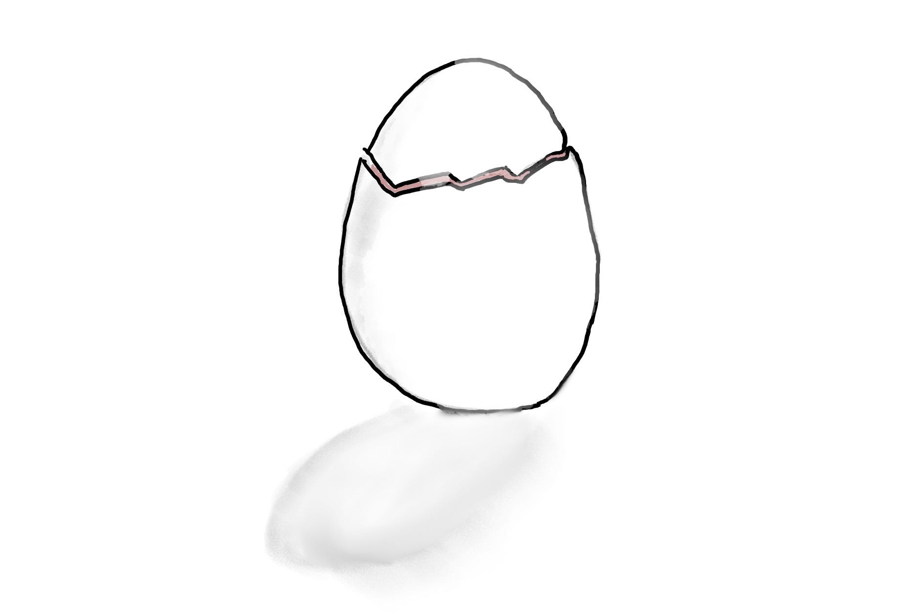 An illustration of a gently cracked egg, delicately sitting upright above its shadow.