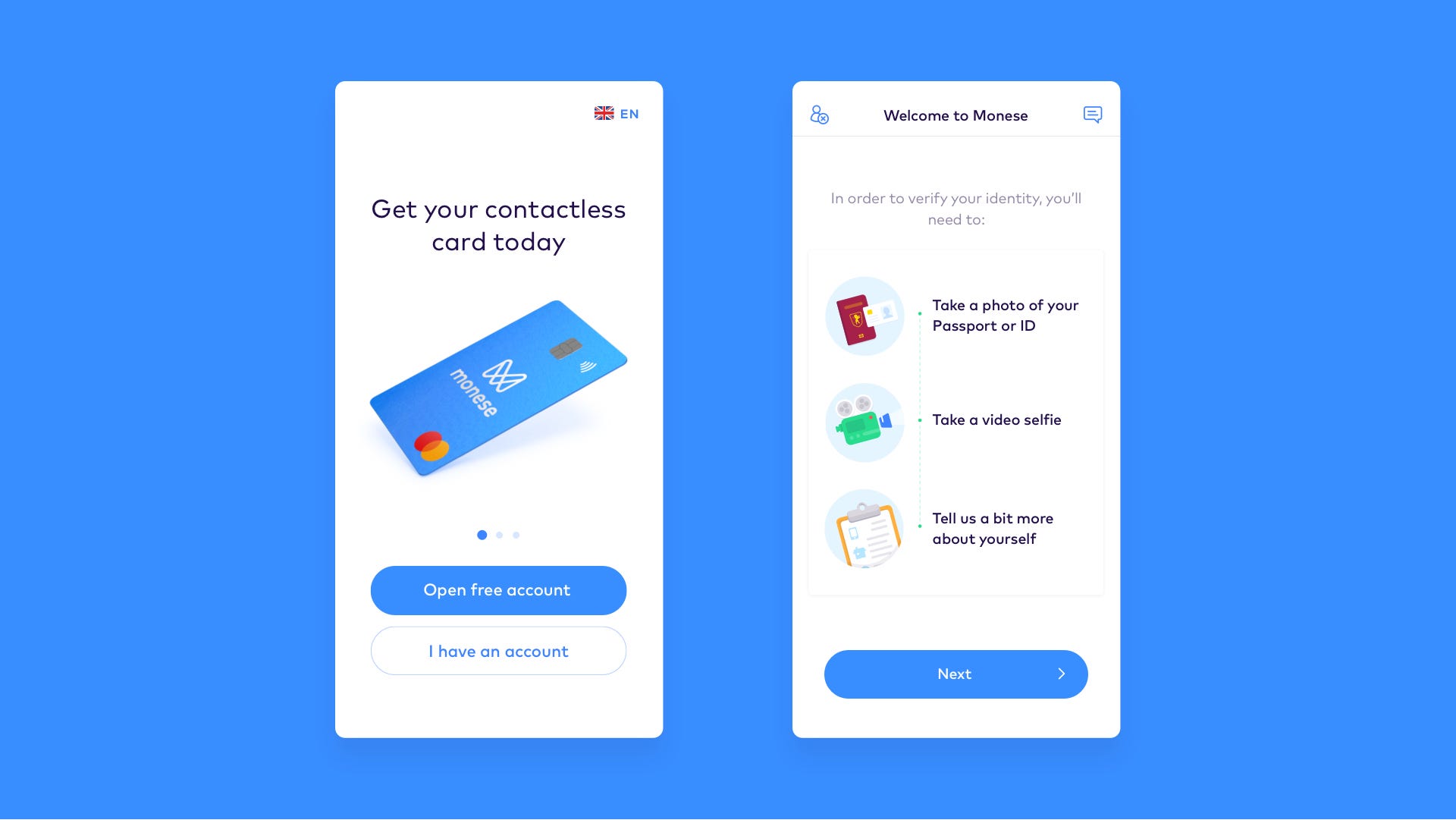 Screens from Monese showing Onboarding Steps when setting up a new account