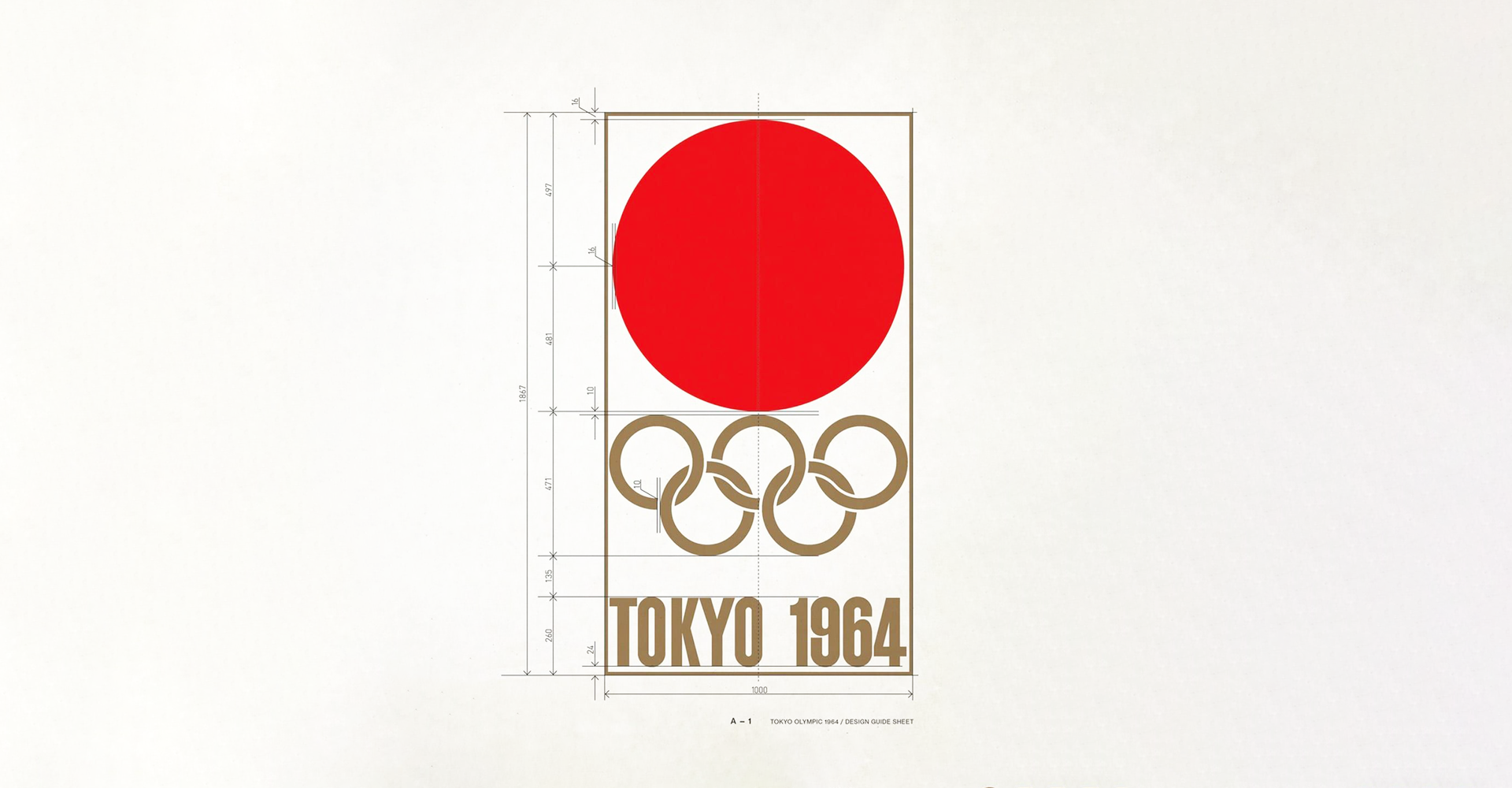 Design sketch for Toyko 1964 logo, red circle with Olympic rings below and 1964 in a bold, condensed font