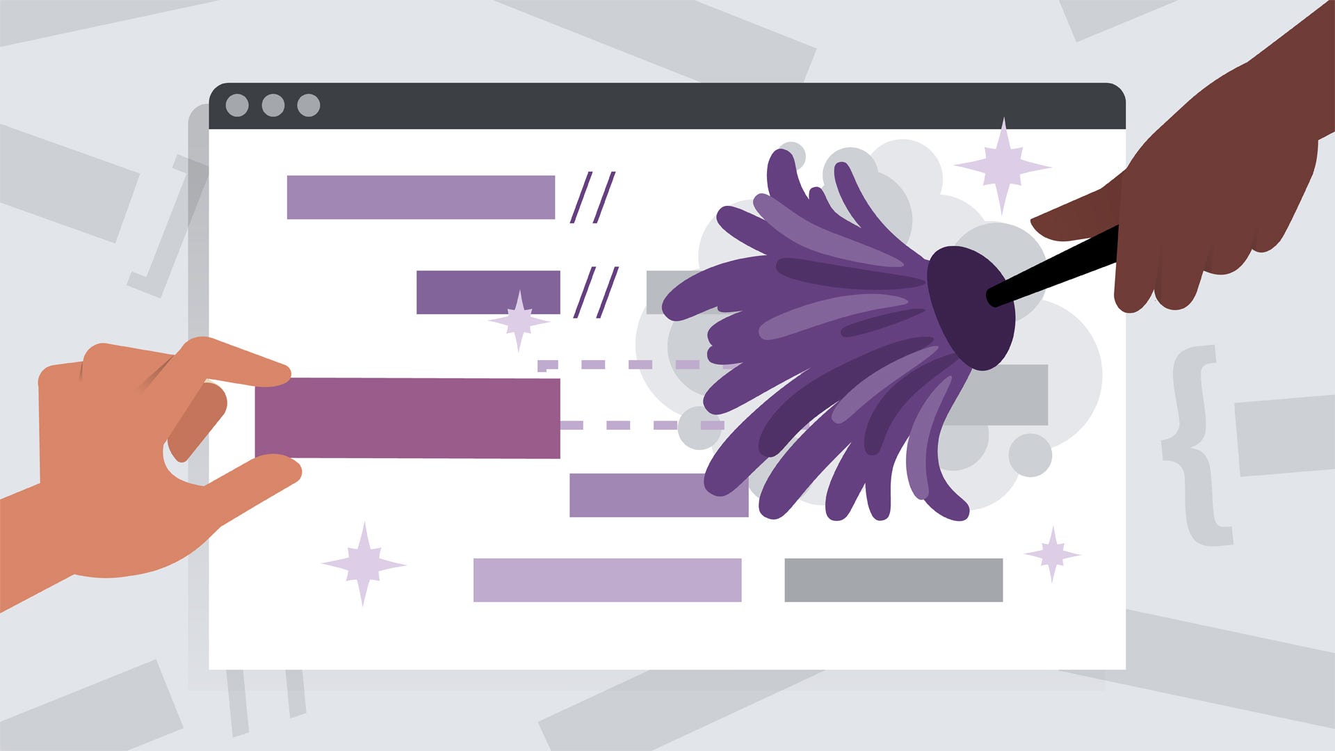 An illustration of code literally cleaned with a duster