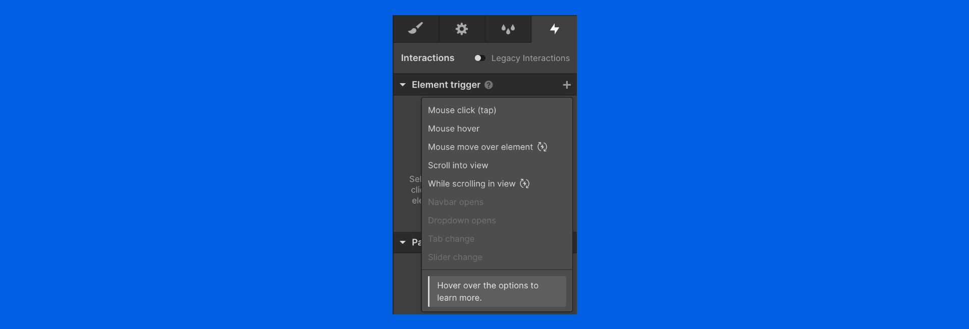 A screenshot of the right side interactions panel of the Webflow workspace