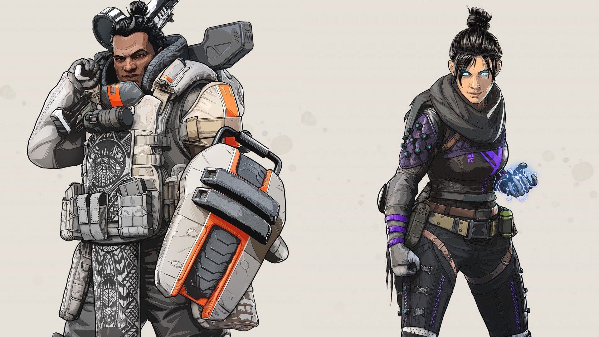 Apex Legends characters Gibraltar and Wraith stand ready for battle. 