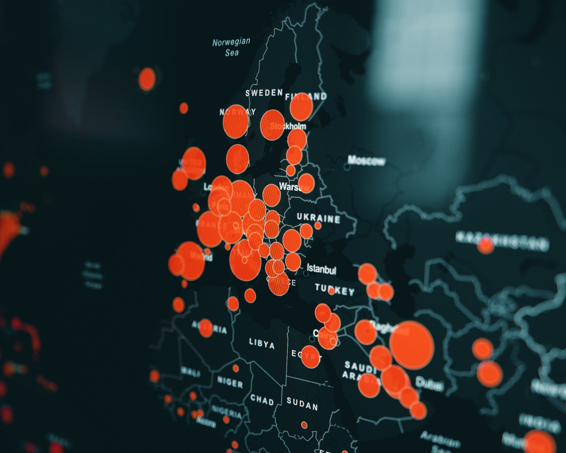 A map of Europe indicating where the Coronavirus has cases