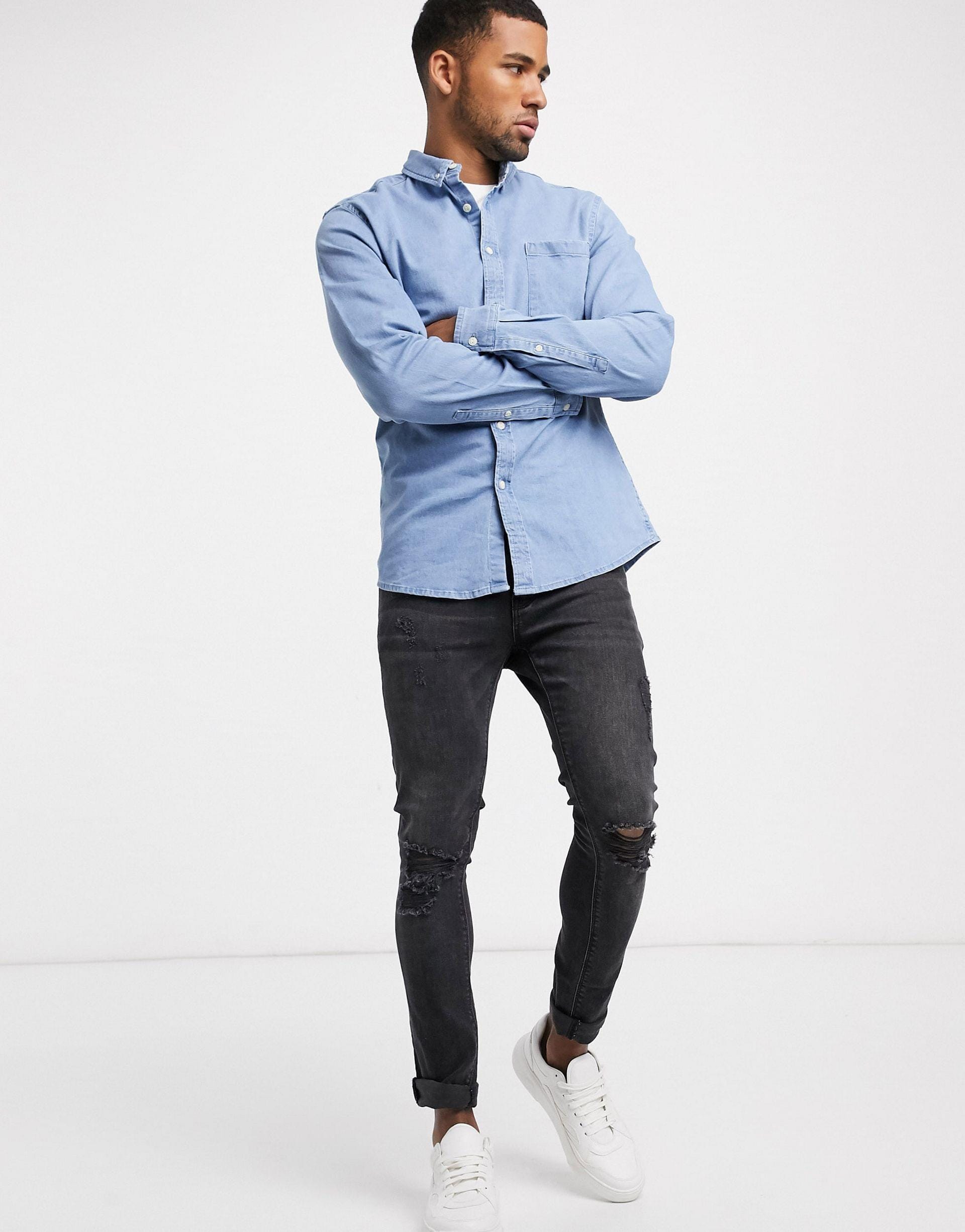 Stretch slim organic denim shirt in bleach wash