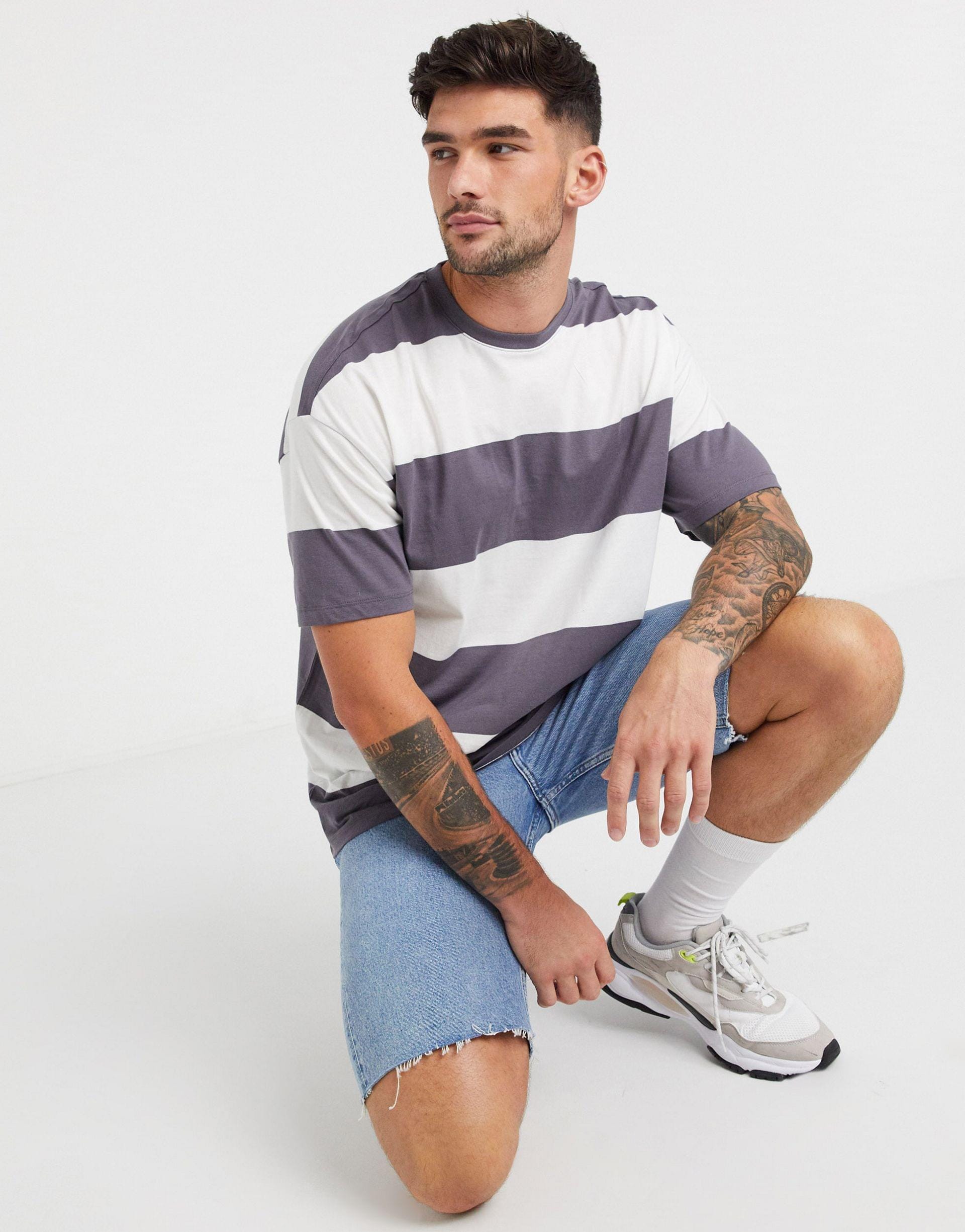 New Look wide stripe t-shirt in dark gray