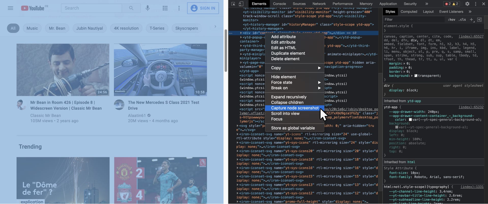 Observe the highlight blue area on webpage on selection of the desired HTML <div> for screenshot