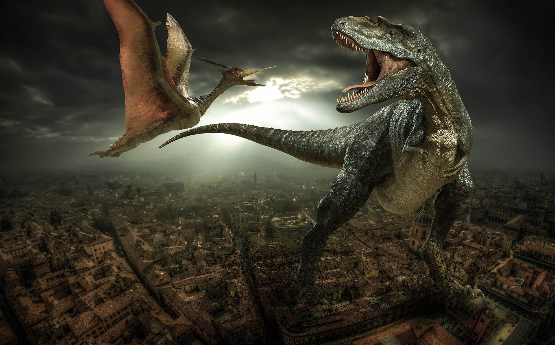fantasy scene — pterodactyl and dinosaur