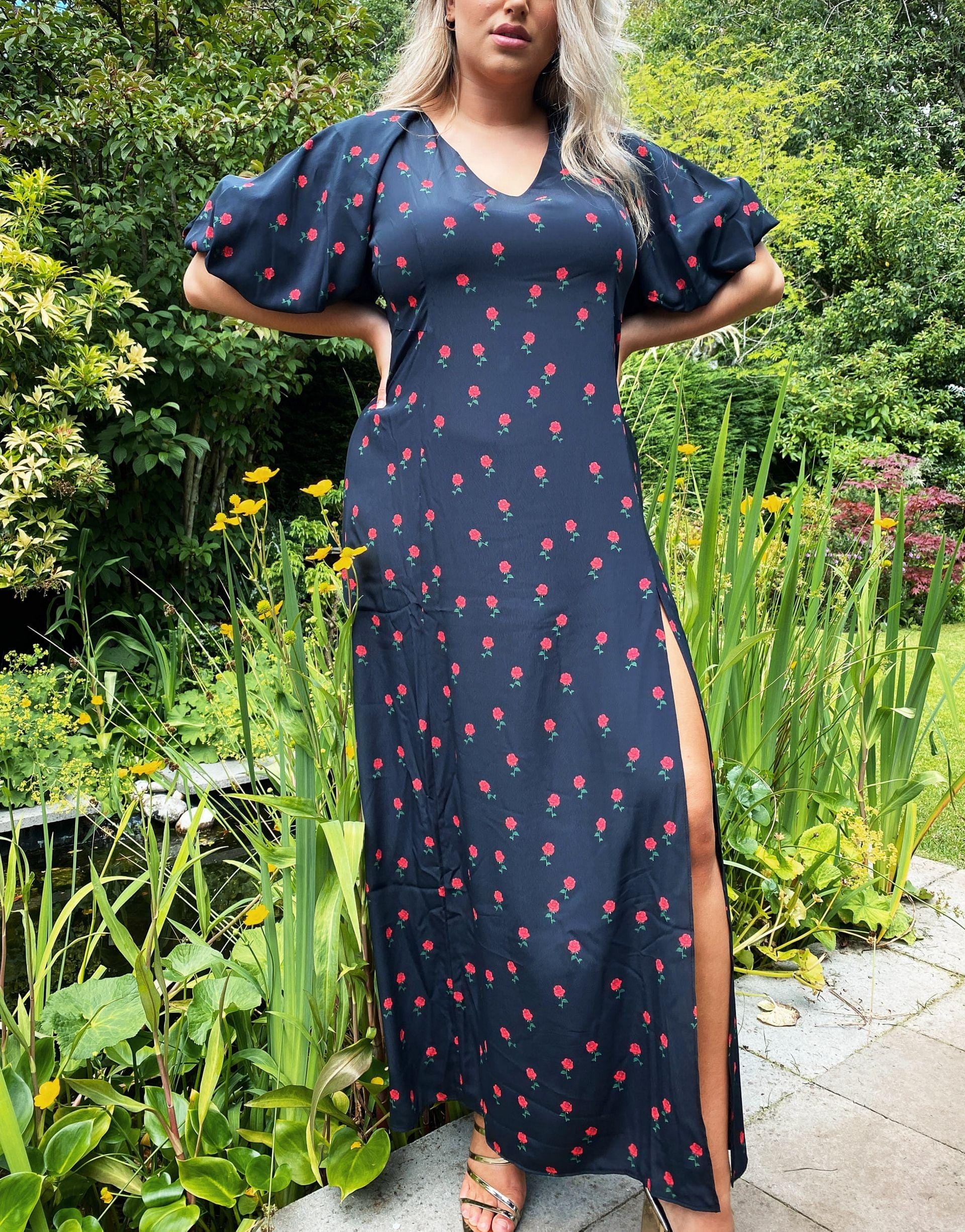 Never Fully Dressed Plus Valentina puff sleeve maxi dress with high thigh split in black floral print