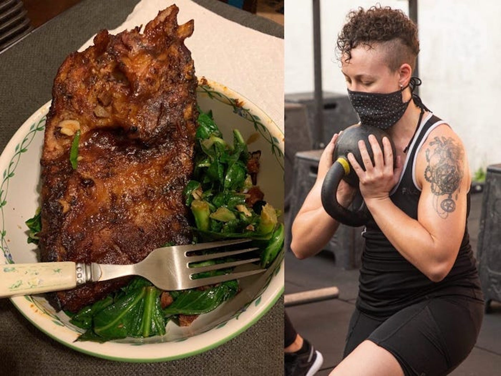 Ribs and collard greens as a low-carb dinner (left), and the author working out (right).