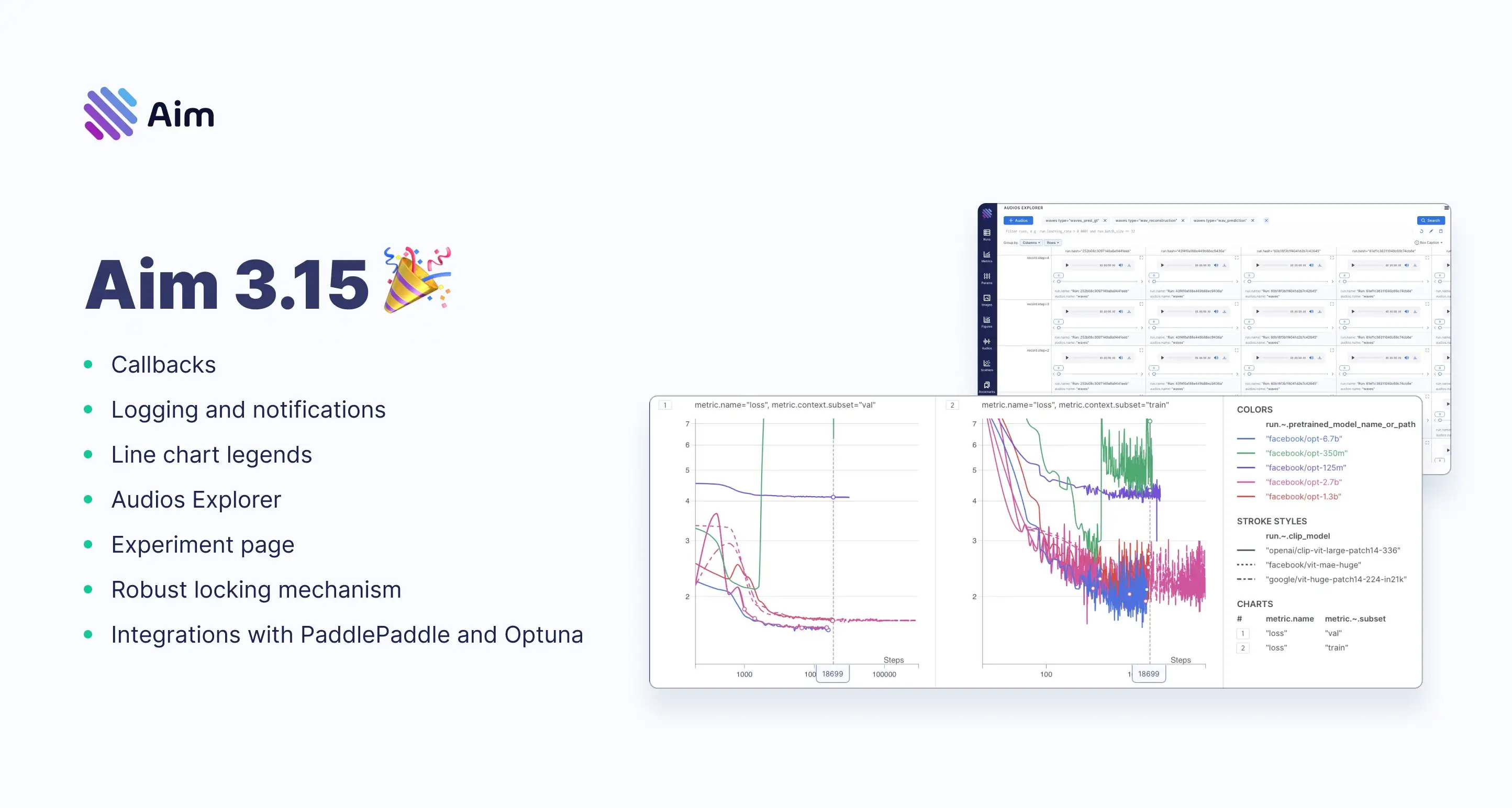 Aim 3.15 — Callbacks, logging and notifications, line chart legends, experiment page, Audios Explorer