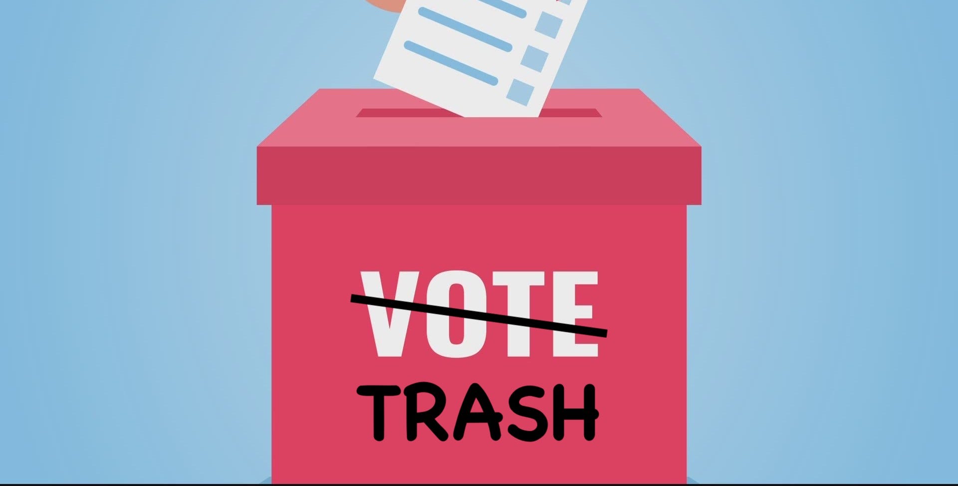 A ballot being placed into a ballot box with the word “VOTE” crossed out and replaced with the word “TRASH”.