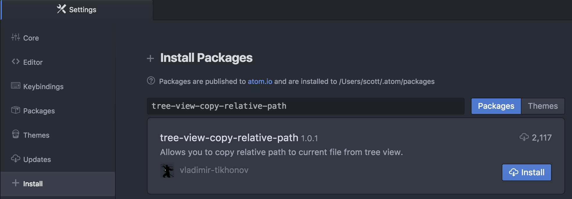 Atom-Editor, der die verfügbaren Pakete anzeigt, nachdem der Filter mit dem Suchbegriff „tree-view-copy-relative-path“ verwendet wurde. Informationen über das Paket „tree-view-copy-relative-path“ und eine Schaltfläche mit der Bezeichnung „Installieren“ werden angezeigt.