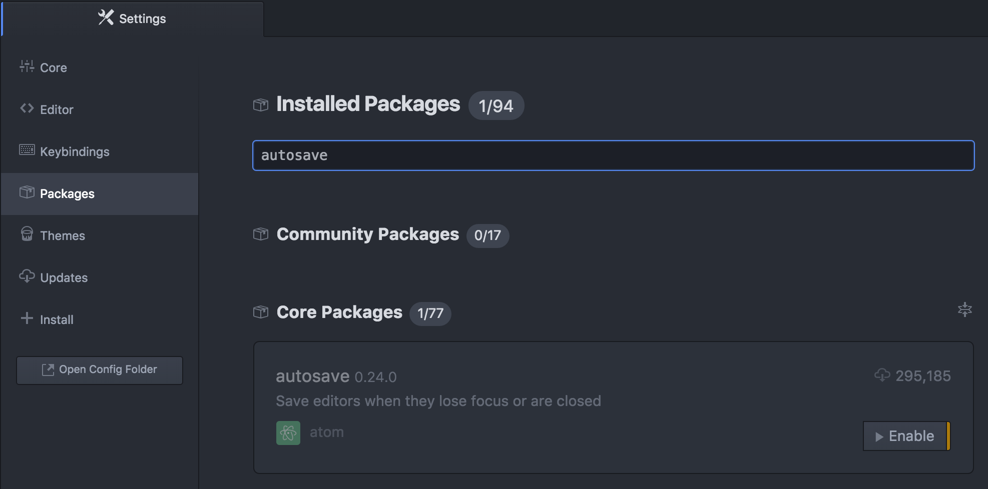 Atom-Editor, der die verfügbaren Pakete anzeigt, nachdem der Filter mit dem Suchbegriff „autosave“ verwendet wurde. Das Paket „autosave“ ist verfügbar, aber in einem deaktivierten Zustand. Es werden Informationen über das „Autosave“-Paket und eine Schaltfläche mit der Bezeichnung „Aktivieren“ angezeigt.