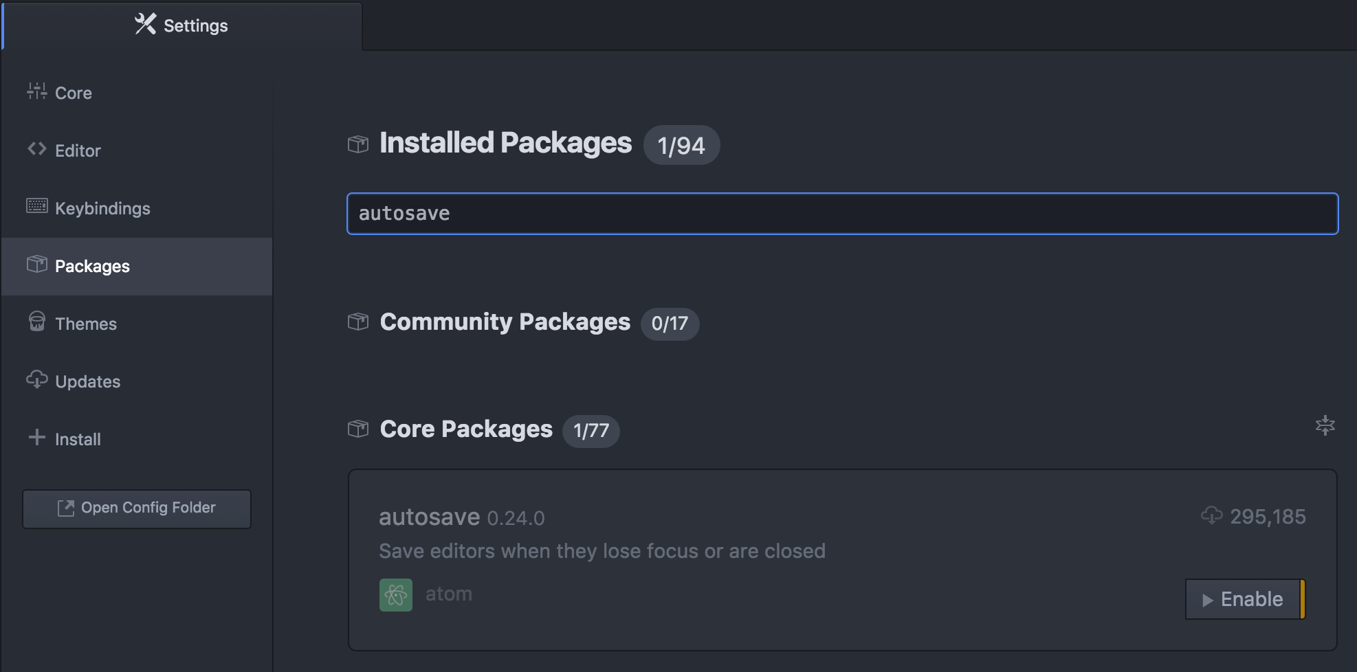 Atom editor showing the available packages after using the Filter with the search term, 'autosave.' The package 'autosave' is available, but in a disabled state. Information about the 'autosave' package and a button labelled 'Enable' is presented.