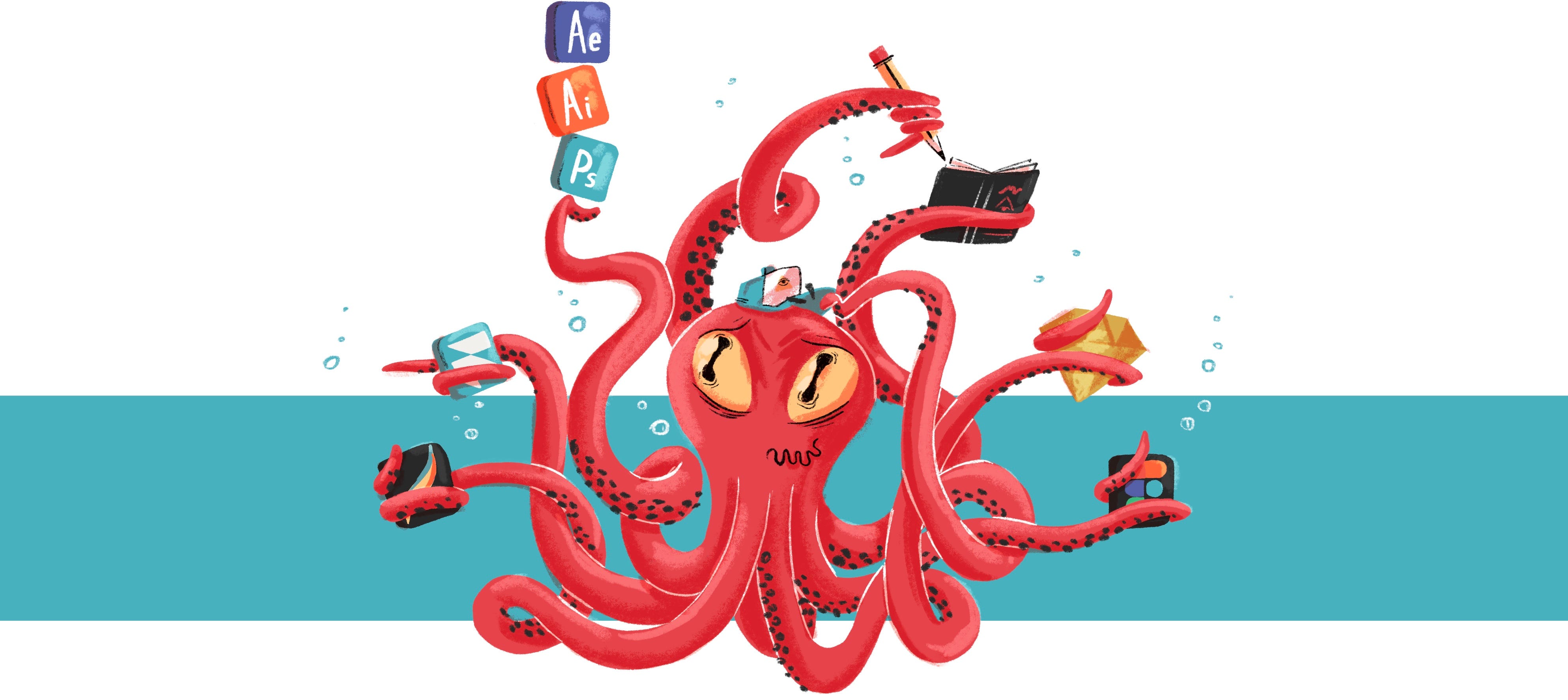 An octopus juggling several icons of design tools and drawing on a sketchbook with its tentacles.