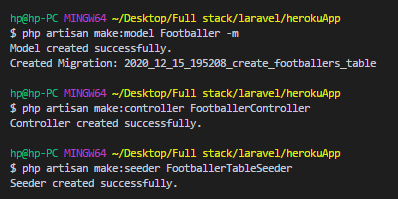 Terminal showing that the model, controller, and migration have been created