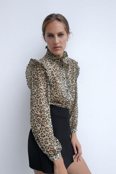 animal print ruffle blouse