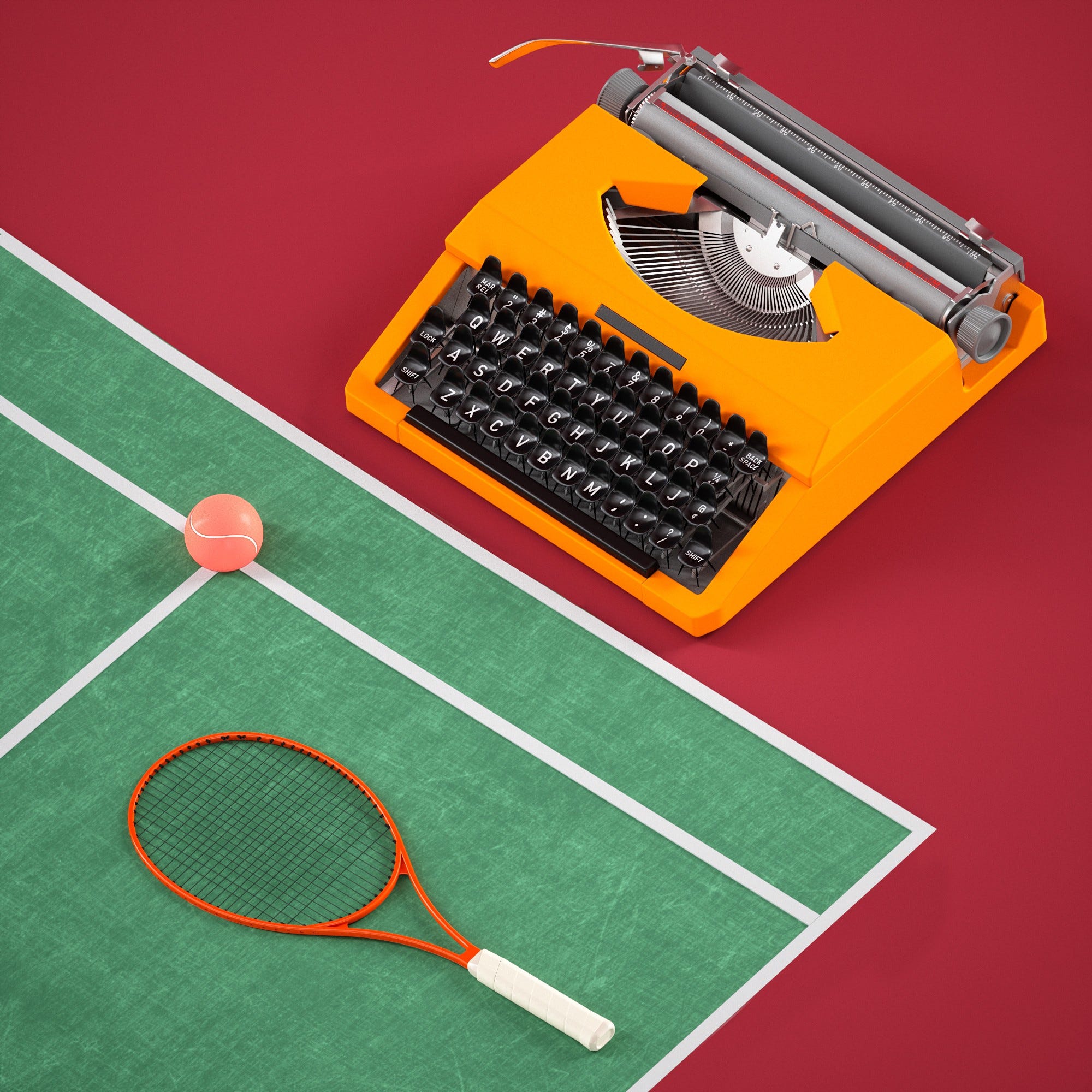 An artsy photo of a typewriter on a tennis court with a racquet and tennis ball