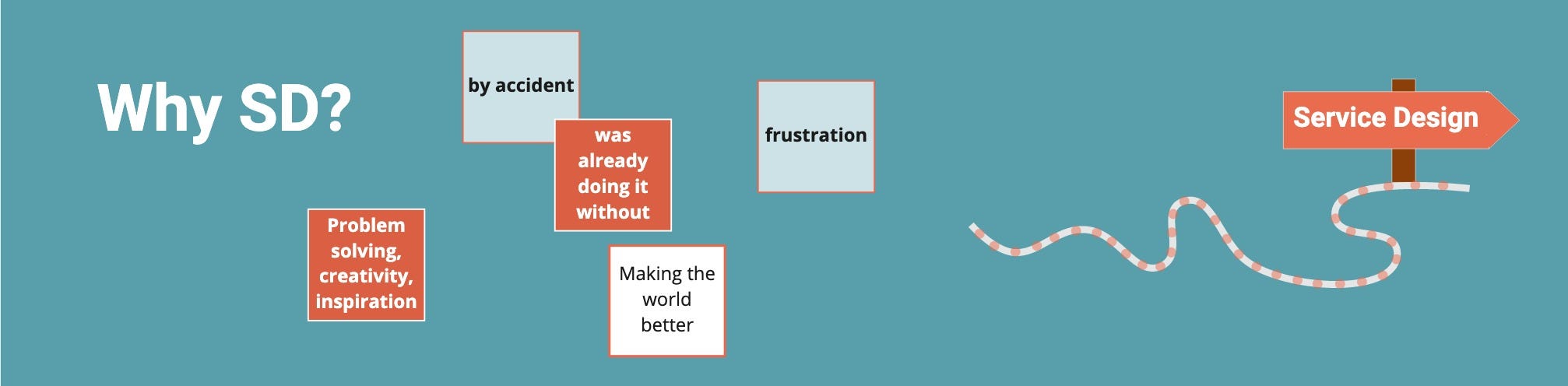 illustration of a journey to service design with post-its summarising the main findings in the headings of the ‘Why service design’ part