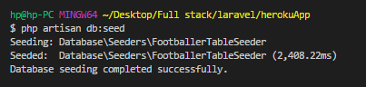 Terminal screenshot showing that the table has been seeded