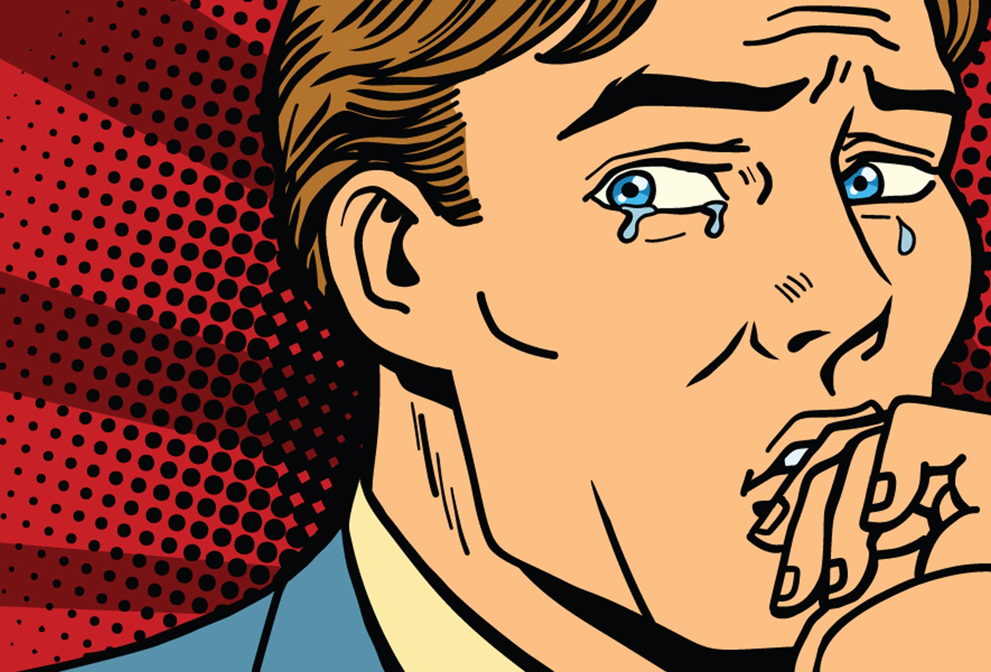 Retro style comic image of professional looking white man crying.