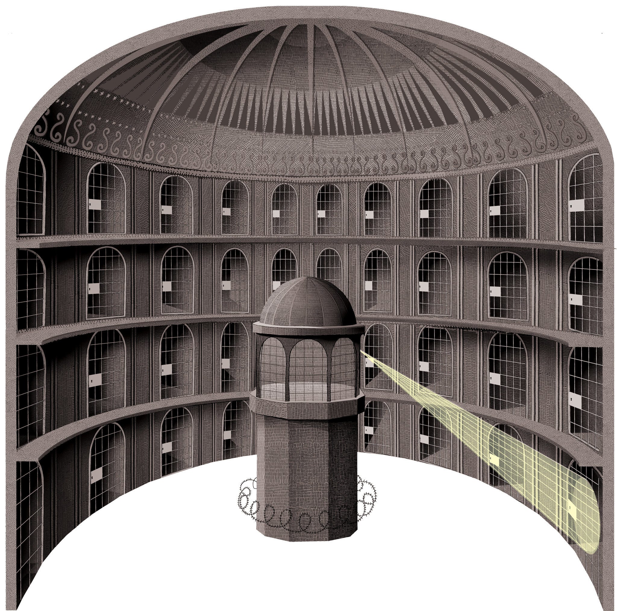 1785'te Bentham tarafından, mahkumlar üzerinde sürekli gözetleniyor hissi yaratmak için tasarlanan Panopticon hapishanesi.