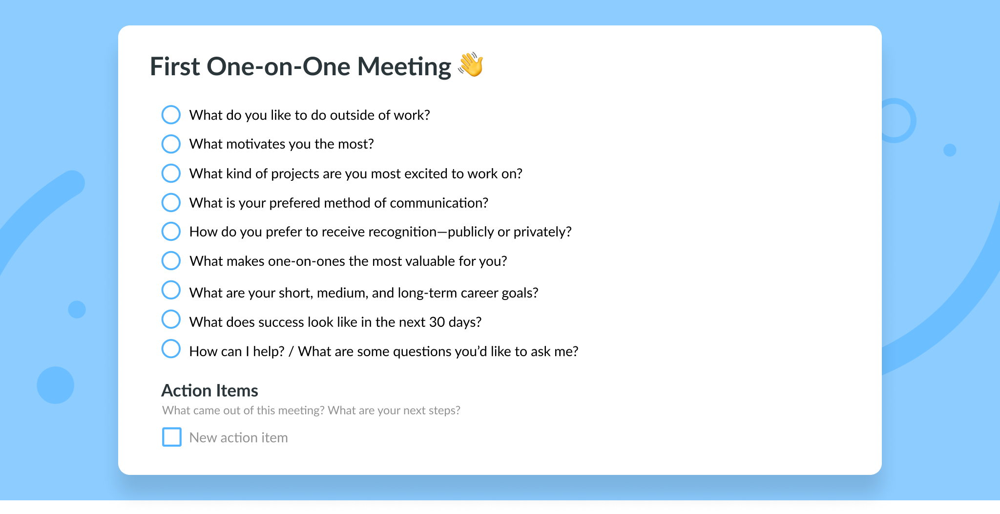 One On One Meetings Template Sample Design Layout Templates