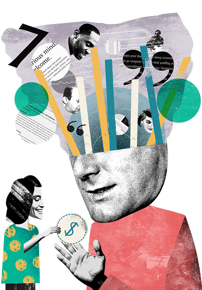 image of a man who has quotes from medium articles and images of people coming out of his head; he is also being handed a dollar sign by a smaller woman
