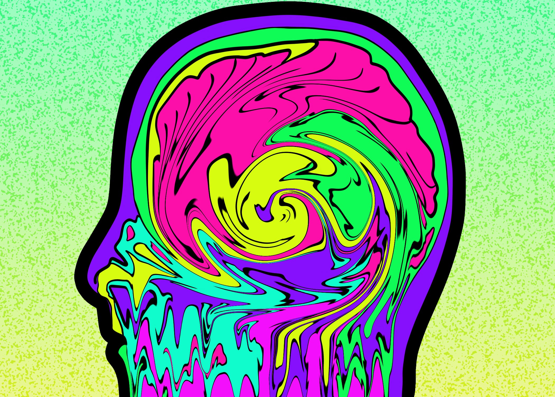 Digital drawing of a silhouetted head with swirls of pink, yellow, green, purple, and blue inside where the brain would be.