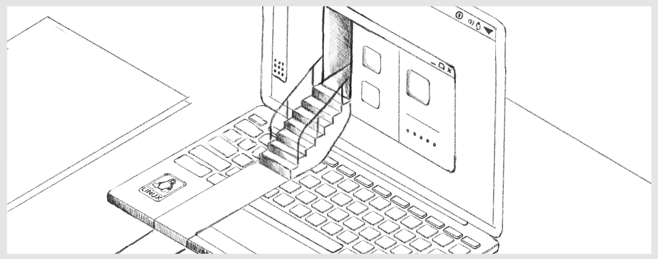 An early sketch of the header used in the official 1Password for Linux launch post. A red carpet is laid out across the keyboard of a laptop with stairs leading up into our new app running on Linux.