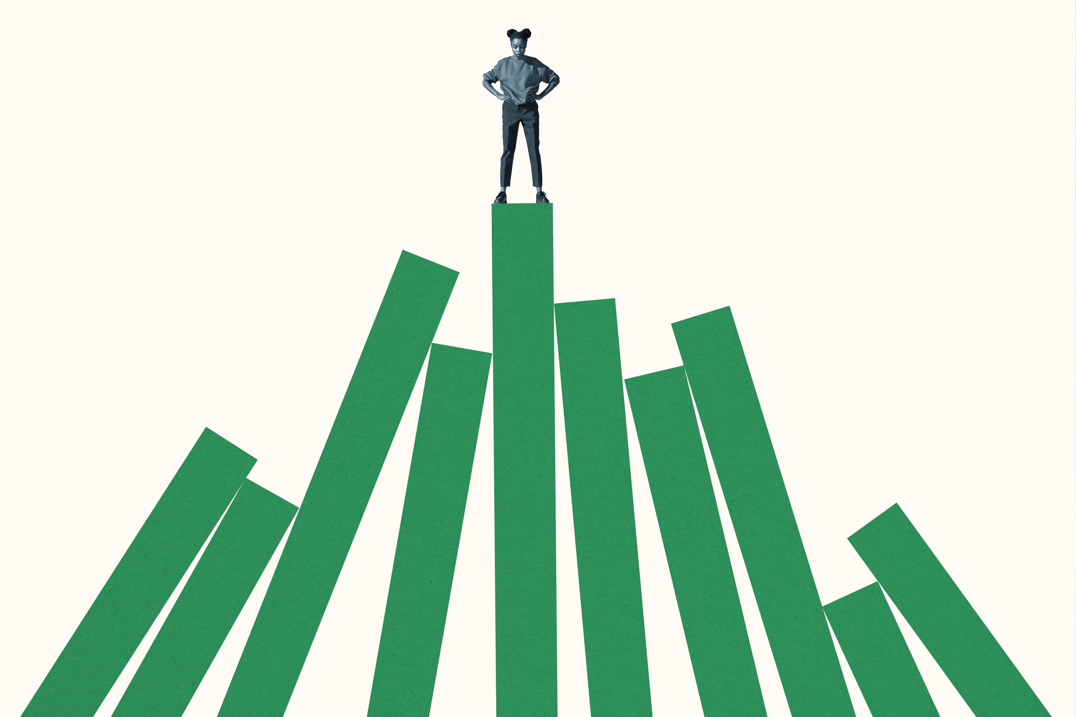 Young woman standing on top of tall green bar graph against white background.