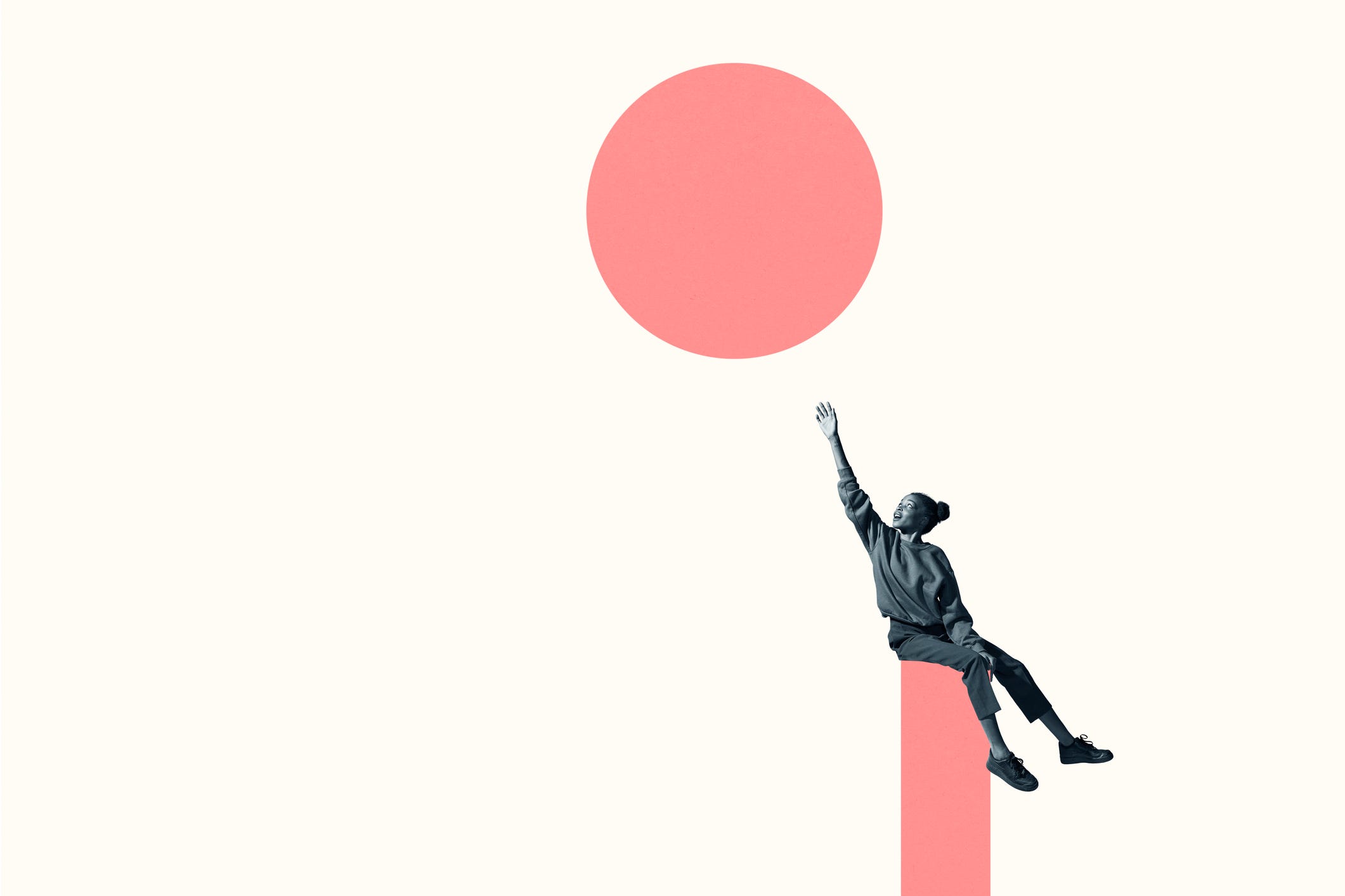 Young Black girl reaching for the sky, aka a salmon-colored circle in the sky.