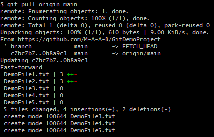 Screenshot of Git command to pull changes from the remote branch and merge them with local branch