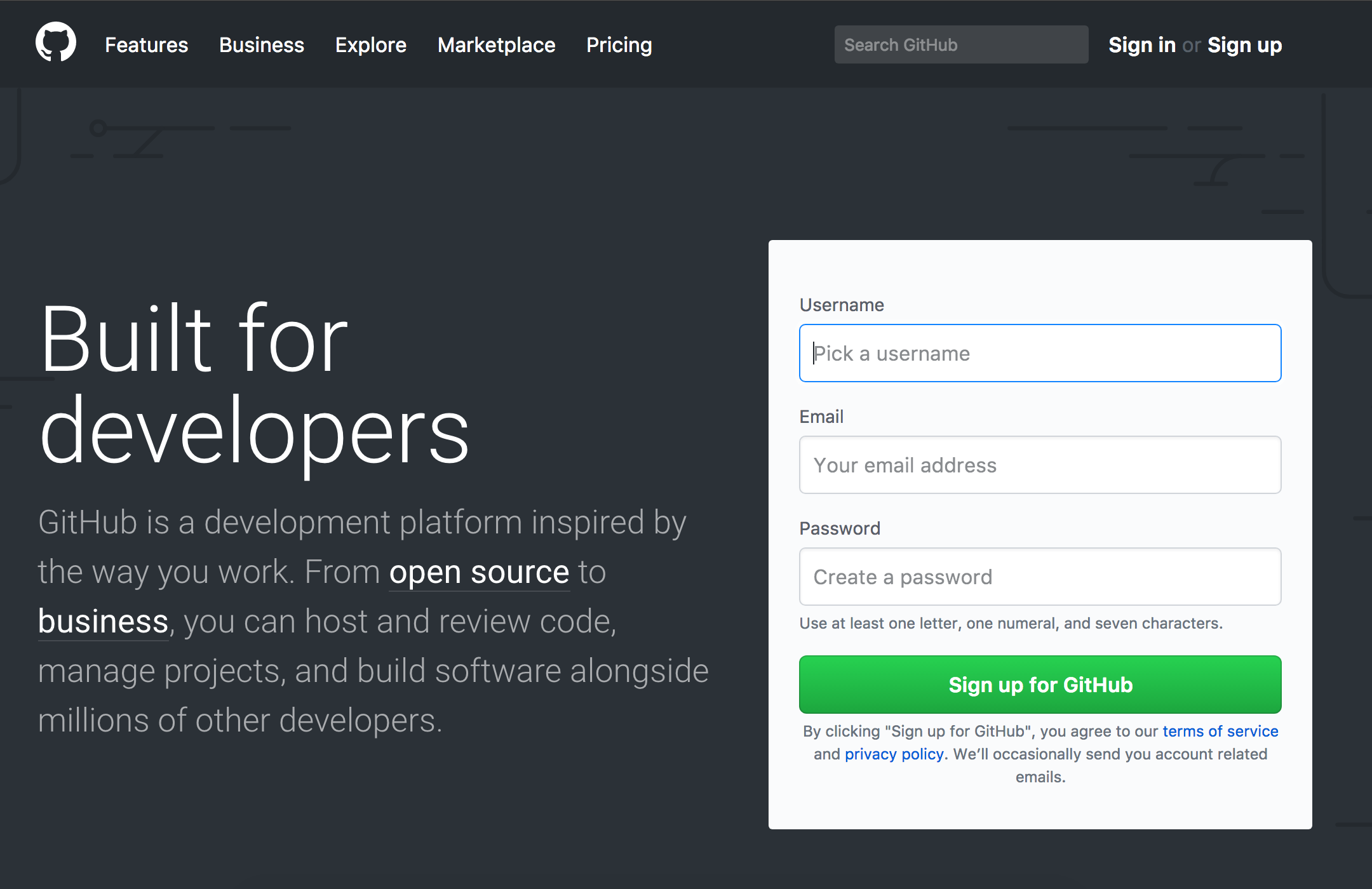 The GitHub homepage with signup form to the right of the screen. Along the top is the main navigation area. To the left of the screen text reads, "Built for developers" with a description of what GitHub is all about.