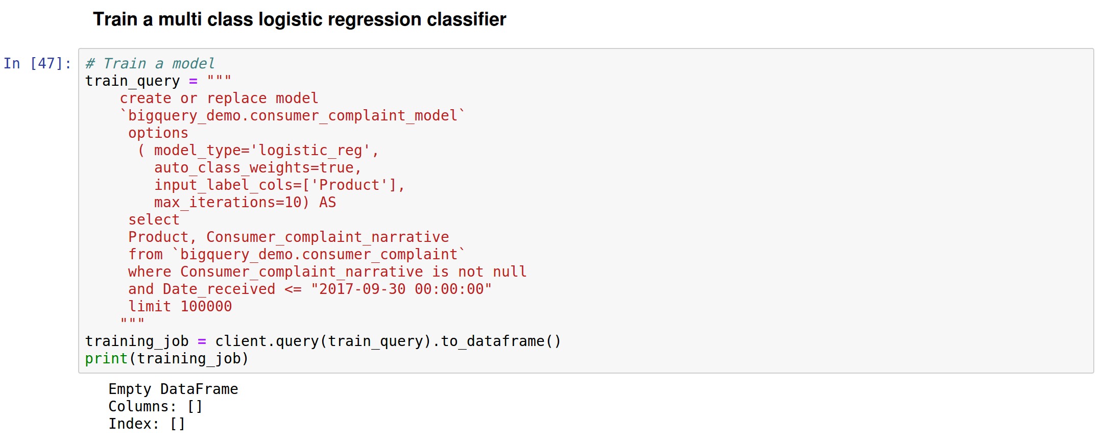 bigquery ml logistic regression
