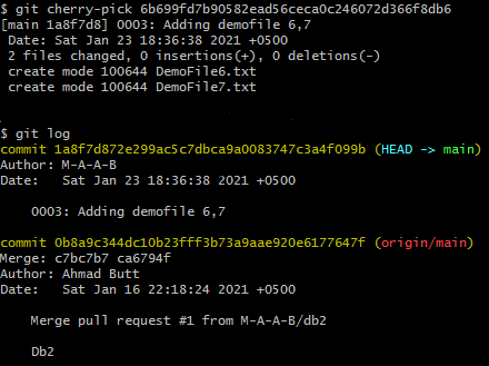 Screenshot of Git command to move a commit from one branch to another