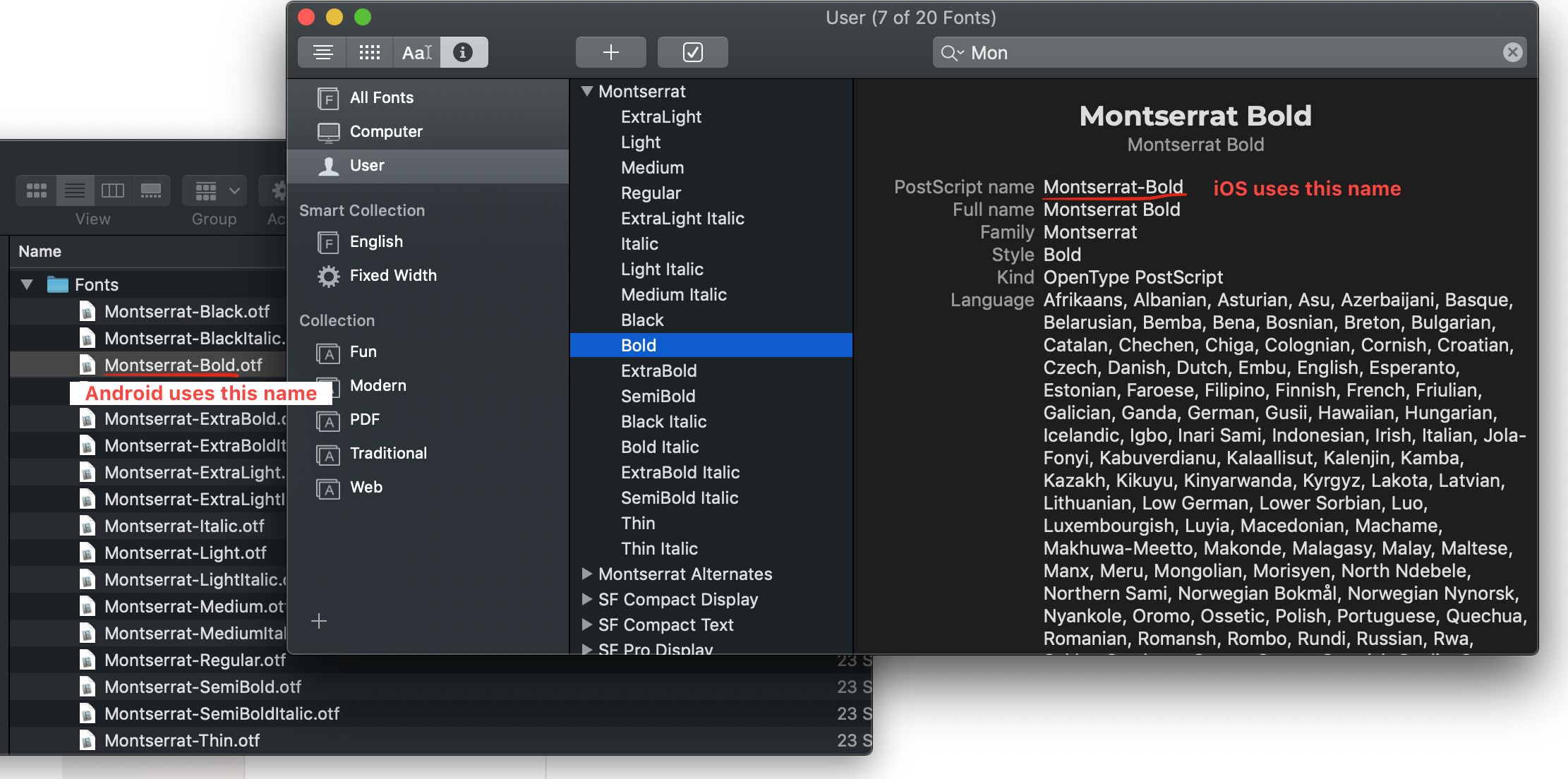 Image showing the font file name (used on Android) and ‘PostScript name’ used on iOS
