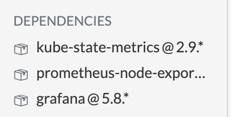 Dependencies: 
- kube-state-metrics @2.9.*
- prometheus-node-expor...
- grafana @5.8.*