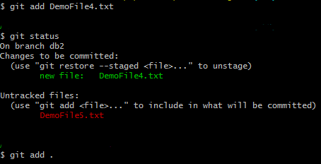 Screenshot of Git command to add a single file or all files