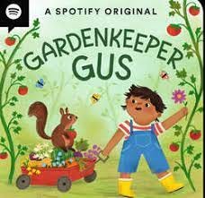 Gardenkeeper Gus podcast logo with a little boy towing a squirrel in a wagon.