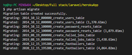 Terminal showing that the migrations table has been created