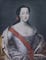 Catherine in a ballgown, with very pale skin. Her black hair is tied back in a red ribbon.